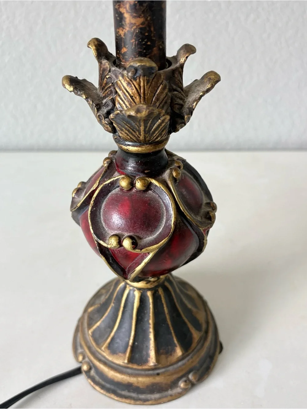 Vintage Wooden Table Lamp red and black finish with Gilded Accents 12” tall